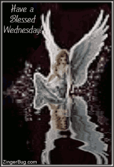 Click to get the codes for this image. This beautiful glitter graphic shows an angel sitting at the edge of an animated reflecting pool. The comment reads: Have a Blessed Wednesday!