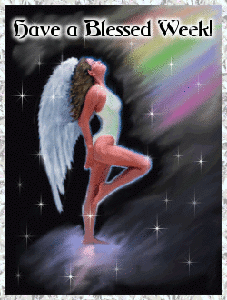 Click to get the codes for this image. This glitter graphic shows a sexy angel bathed in the light of a rainbow. The comment reads: Have a Blessed Week!