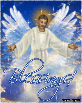 Click to get the codes for this image. This glitter graphic depicts a male angel looking down from the clouds. The comment reads: Blessings!