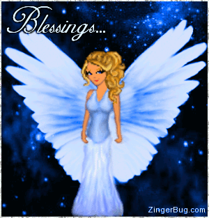 Click to get the codes for this image. Glitter graphic featuring a blue animae angel doll with animated wings in front of a blue starry night. The comment reads: Blessings...