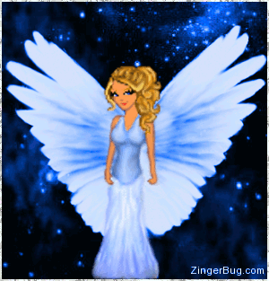 Click to get the codes for this image. Glitter graphic featuring a blue animae angel doll with animated wings in front of a blue starry night.