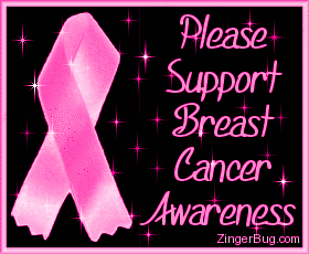Click to get the codes for this image. This glitter graphic shows a pink ribbon on a background of animated twinkling stars. The comment reads: Please Support Breast Cancer Awareness. Great for October - Breast Cancer Awareness Month