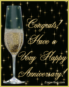 Click to get the codes for this image. This glitter graphic features a glass of champaign with animated bubbles on a background of glittering gold stars. The comment reads: Congrats! Have a Very Happy Anniversary.