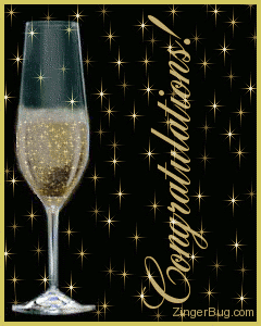 Click to get the codes for this image. This glitter graphic shows an animated glass of champaign on a background of gold stars. The comment reads: Congratulations!