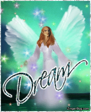 Click to get the codes for this image. This beautiful glitter graphic features a fairy floating over a green ocean surrounded by fairy dust sparkles. The comment reads: Dream