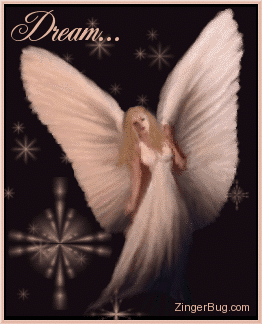 Click to get the codes for this image. This glitter graphic shows a beautiful angel wearing a long white gown with big wings on a background of stars. The comment reads: Dream...