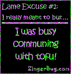 Click to get the codes for this image. This funny glitter graphic reads: Lame Excuse Number 1 I really meant to, but... I was busy communing with tofu!