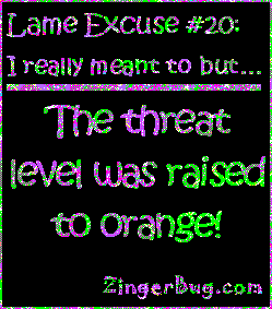 Click to get the codes for this image. This funny glitter graphic reads: Lame Excuse Number 20 I really meant to, but... The threat level was raised to orange!