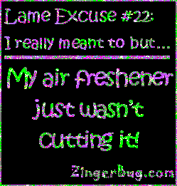 Click to get the codes for this image. This funny glitter graphic reads: Lame Excuse Number 22 I really meant to, but... My air freshener just wasn't cutting it!