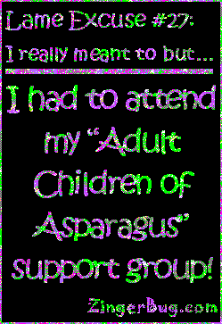 Click to get the codes for this image. This funny glitter graphic reads: Lame Excuse Number 27 I really meant to, but... I had to attend my Adult Children of Asparagus support group!