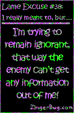 Click to get the codes for this image. This funny glitter graphic reads: Lame Excuse Number 38 I really meant to, but... I'm trying to remain ignorant, that way the enemy can't get any information out of me!