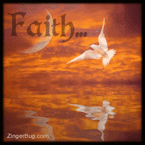 Click to get the codes for this image. This beautiful graphic shows a white dove flying across a spectacular sunset with a moon in the background. The scene is reflected in an animated pool The comment reads: Faith...