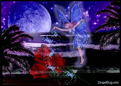 Click to get the codes for this image. This beautiful glitter graphic shows a fairy on a moonlit beach sprinkling fairy dust on 3 red roses.