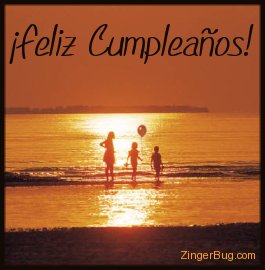 Click to get the codes for this image. Feliz Cumpleaos Sunset On The Beach, Feliz Cumpleanos Spanish, Happy Birthday, Spanish Free Image, Glitter Graphic, Greeting or Meme for Facebook, Twitter or any forum or blog.