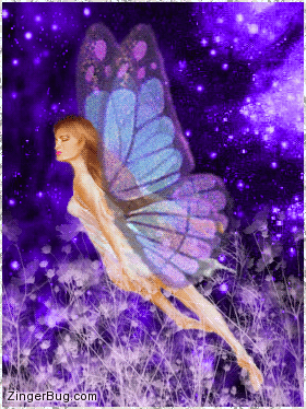 Click to get the codes for this image. Beautiful glitter graphic of a fairy flying over a field of pink and purple flowers with a starry night in the background.