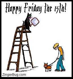 Click to get the codes for this image. This funny cartoon plays on all of our unlucky superstitions. It shows a black cat perched at the top of a ladder holding a mirror, poised to drop in on the unsuspecting fellow walking his dog beneath. The comment reads: Happy Friday the 13th!