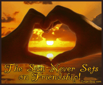 Click to get the codes for this image. This beautiful comment features 2 hands forming a heart. Through the hands you can see a sun setting reflected in an animated ocean. The comment reads: The Sun Never Sets on Friendship!