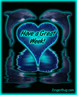 Click to get the codes for this image. This glitter graphic shows 2 dolphins jumping in the air and forming a heart between them. They are reflected in an animated pool. The comment reads: Have a Great Week!