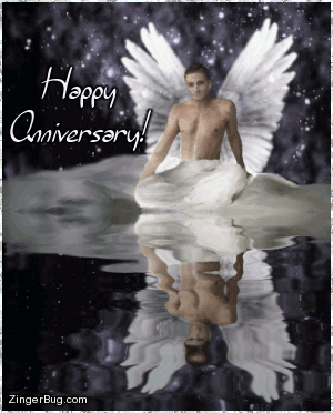 Click to get the codes for this image. This glitter graphic shows an angel seated by a reflecting pool with glitter stars in the background. The comment reads: Happy Anniversary!