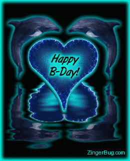 Click to get the codes for this image. This glitter graphic shows 2 dolphins jumping in the air and forming a heart between them. They are reflected in an animated pool. The comment reads: Happy B-Day!