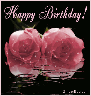Click to get the codes for this image. This beautiful graphic shows two pink roses covered with raindrops while more rain falls in an animated pool. The comment reads: Happy Birthday!