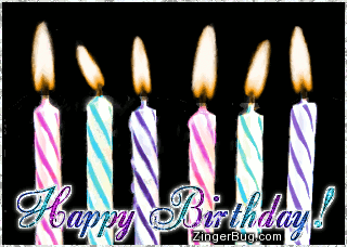 Click to get the codes for this image. This beautiful glitter graphic features six colorful birthday candles with animated burning flames. The comment reads: Happy Birthday!