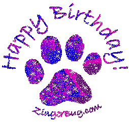Click to get the codes for this image. Happy Birthday Paw Print Glitter Graphic Purple, Animals  Cats, Animals  Dogs, Happy Birthday, Birthday Animals Free Image, Glitter Graphic, Greeting or Meme for Facebook, Twitter or any forum or blog.