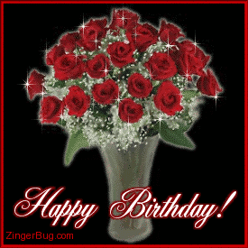 Click to get the codes for this image. This beautiful glitter graphic shows two dozen long stemmed roses with beautiful animated sparkles on a black background. The comment reads: Happy Birthday!