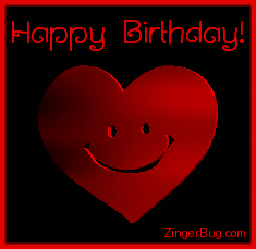 Click to get the codes for this image. This cute 3D graphic shows a red metallic heart with a smiley face rotating in space. The comment reads: Happy Birthday!
