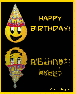 Click to get the codes for this image. This cute graphic shows a yellow smiley face wearing a birthday hat reflected in an animated pool. The Comment reads: Happy Birthday!