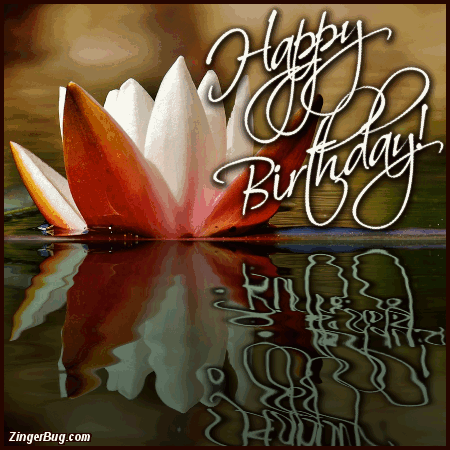 Click to get the codes for this image. Happy Birthday Reflecting Water Lily, Happy Birthday, Happy Birthday, Birthday Flowers, Birthday Ripples and Reflections Free Image, Glitter Graphic, Greeting or Meme for Facebook, Twitter or any forum or blog.
