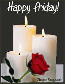 Click to get the codes for this image. This beautiful graphic shows three candles with animated burning flames. A single red rose is in front of the candles. The comment reads: Happy Friday!