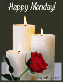 Click to get the codes for this image. This beautiful graphic shows three candles with animated burning flames. A single red rose is in front of the candles. The comment reads: Happy Monday!