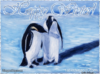Click to get the codes for this image. This beautiful glitter graphic features the painting titled Penguins by the artist Tabetha Landt. It shows two penguins touching beaks on a snow drenched landscape. Our graphic adds the glitter words: Happy Winter. To purchase a print of the painting please visit www.TabethaLandt.com or click the link just below the graphic.
