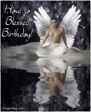Click to get the codes for this image. This glitter graphic shows an angel seated by a reflecting pool with glitter stars in the background. The comment reads: Have a Blessed Birthday!