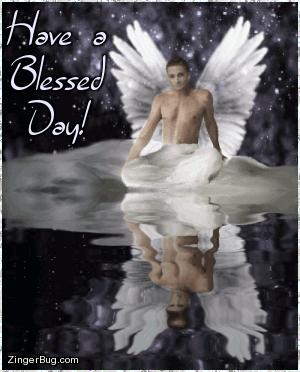 Click to get the codes for this image. This glitter graphic shows an angel seated by a reflecting pool with glitter stars in the background. The comment reads: Have a Blessed Day!