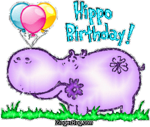 Click to get the codes for this image. Cute glitter graphic of a hippo holding birthday balloons and a flower in its mouth. Comment reads: Hippo Birthday!