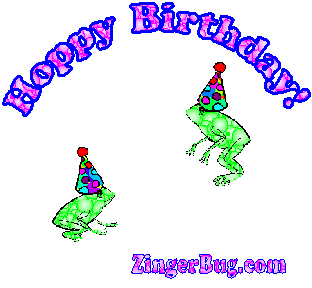 Click to get the codes for this image. Hoppy Birthday! Glittered graphic of jumping frogs wearing birthday hats