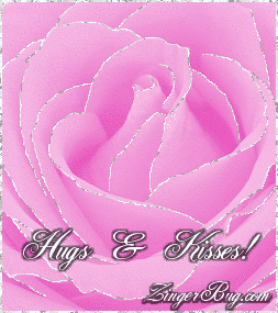 Click to get the codes for this image. This beautiful glitter graphic shows a close-up of a pink rose with silver glitter on the tips of each petal. The comment reads: Hugs & Kisses!