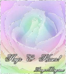 Click to get the codes for this image. This beautiful glitter graphic shows a close-up of a rainbow colored rose with silver glitter on the tips of each petal. The comment reads: Hugs & Kisses