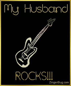 Click to get the codes for this image. This graphic shows a gold 3D Fender guitar charm rotating in space. The comment reads: My Husband Rocks!!