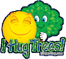 Click to get the codes for this image. This glitter graphic features a cute cartoon of a smiley face hugging a tree. The comment reads: I Hug Trees!