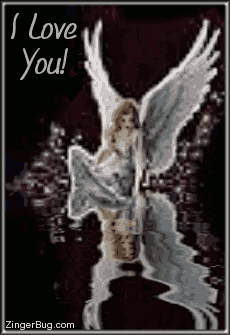 Click to get the codes for this image. This beautiful glitter graphic shows an angel sitting at the edge of an animated reflecting pool. The comment reads: I Love You!