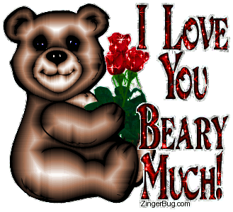 Click to get the codes for this image. This cute glitter graphic shows a teddy bear holding three red roses. The comment reads: I Love You Beary Much!