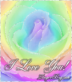 Click to get the codes for this image. This beautiful glitter graphic shows a close-up of a rainbow colored rose with silver glitter on the tips of each petal. The comment reads: I Love You!