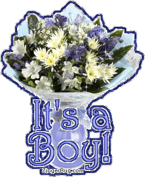 Click to get the codes for this image. This beautiful glitter graphic shows a bouquet of blue and white flowers with animated stars. The comment reads: It's a Boy! So welcome the arrival of a new baby boy with this pretty blue glitter graphic.