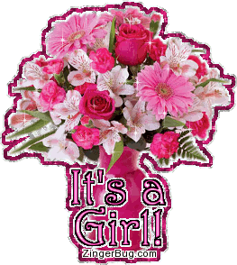 Click to get the codes for this image. This beautiful glitter graphic shows a bouquet of pink flowers with animated stars. The comment reads: It's a Girl! So welcome the arrival of a new baby girl with this pretty pink glitter graphic.
