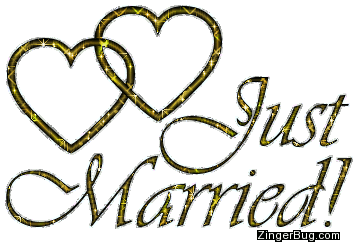 Click to get the codes for this image. Just Married Gold Glitter Text With Linked Hearts, Weddings  Engagements Free Image, Glitter Graphic, Greeting or Meme for Facebook, Twitter or any blog.