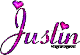 Click to get the codes for this image. Justin Pink And Purple Glitter Name With Hearts, Girl Names Free Image Glitter Graphic for Facebook, Twitter or any blog.