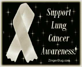 Click to get the codes for this image. This glitter graphic shows a pearl colored ribbon on a background of animated twinkling stars. The comment reads: Support Lung Cancer Awareness!